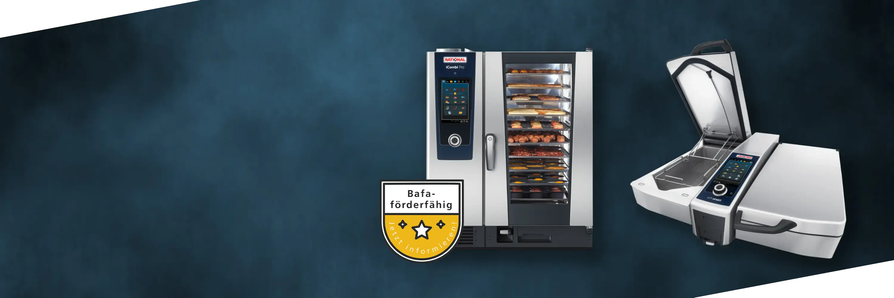 Slider mit RATIONAL Kochsystemen und Badge zur BAFA-Förderung