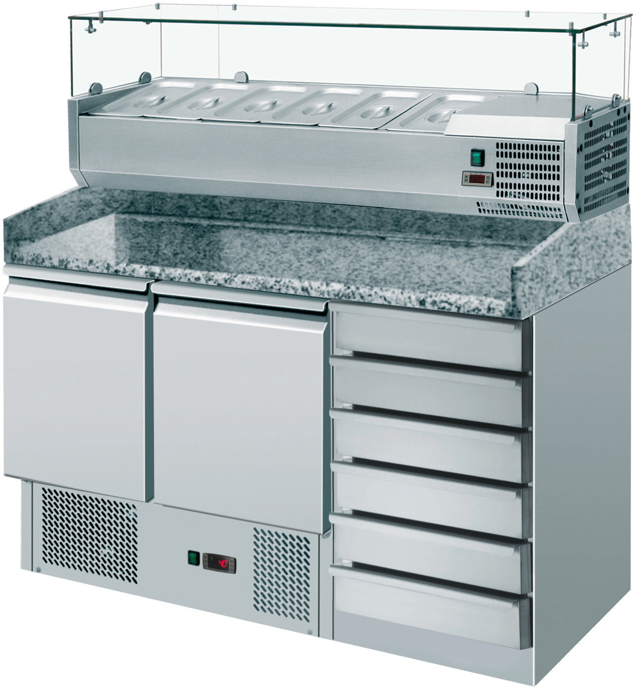 Pizzatisch GN 1/1 2 Türen, 6 Schubladen